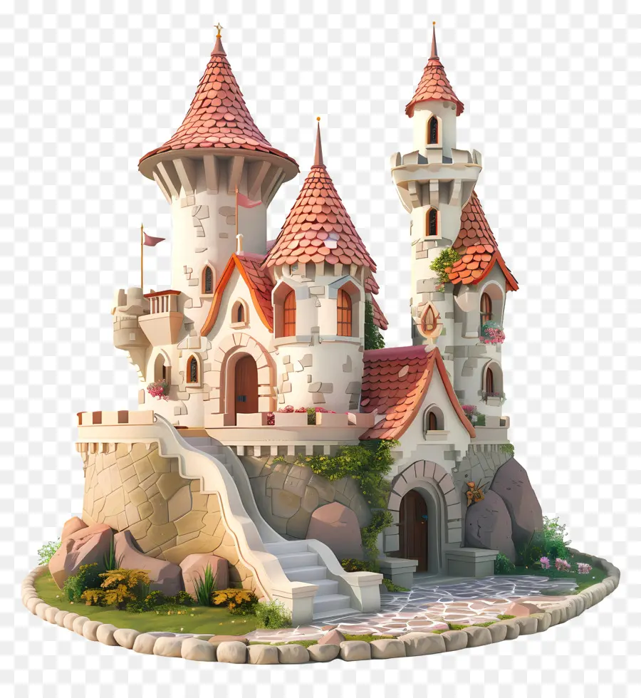 Castle House Castle 3D Rendering Towers Facciata in mattoni rossi - Immagine 3D di Castle in Lush Garden