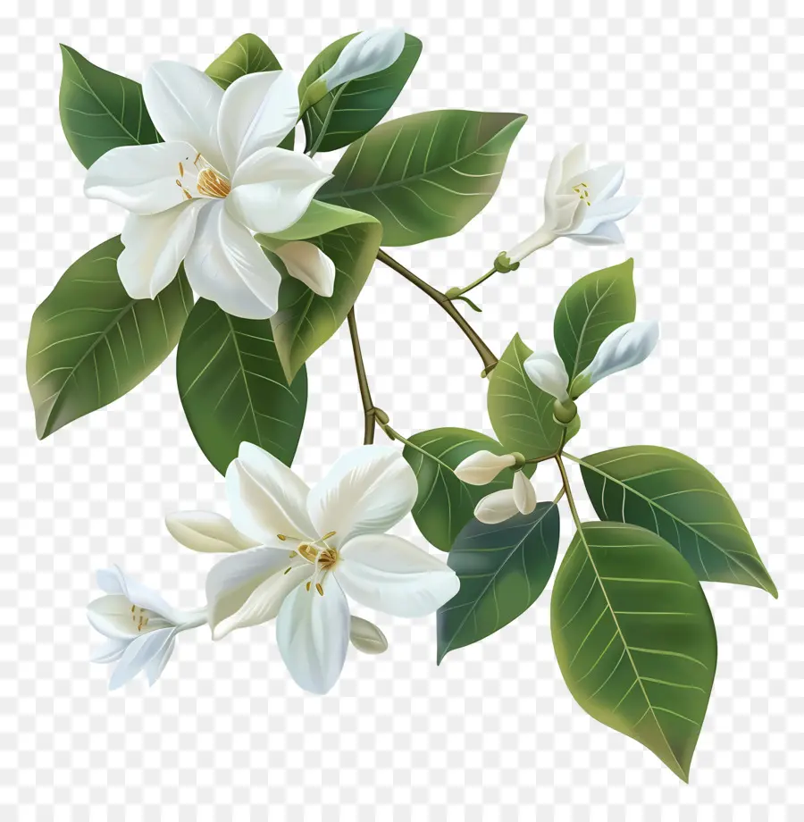 Jasmin Blume - Weiße Jasminblüten mit leuchtenden Blättern am Zweig