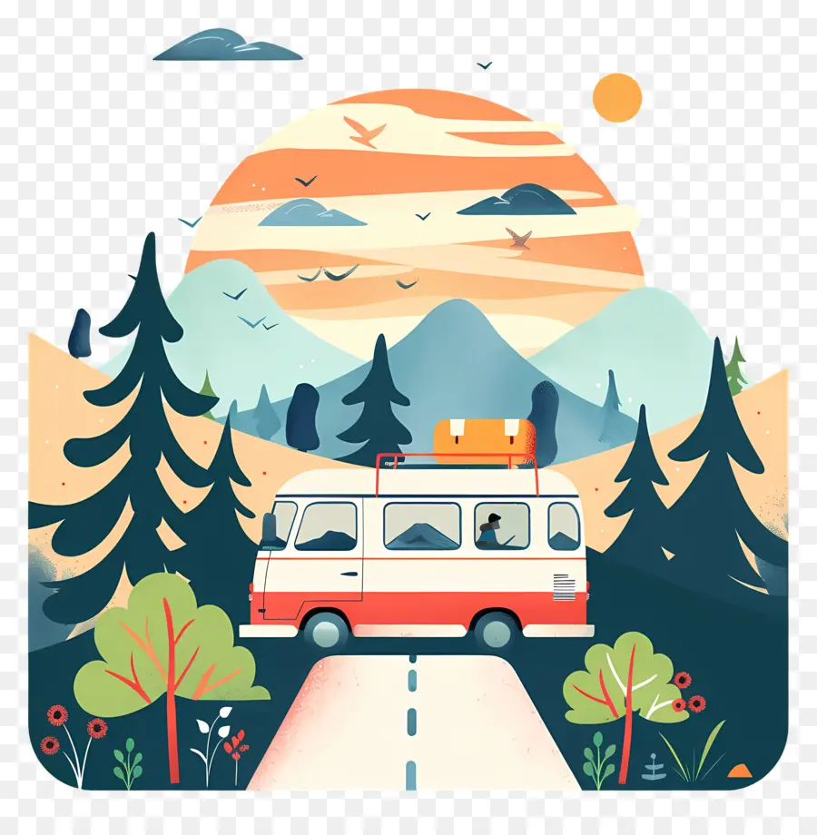 Đường chuyến đi trong ngày Volkswagen xe buýt Sunset Mountains Trip - Xe buýt màu đỏ Volkswagen với cảnh hoàng hôn trên núi