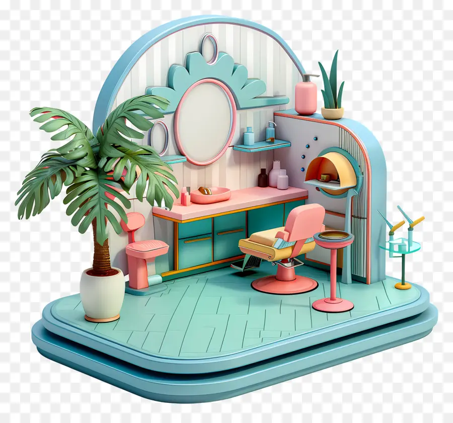 hair salon pink couch blue table blue lamp pink and blue chair