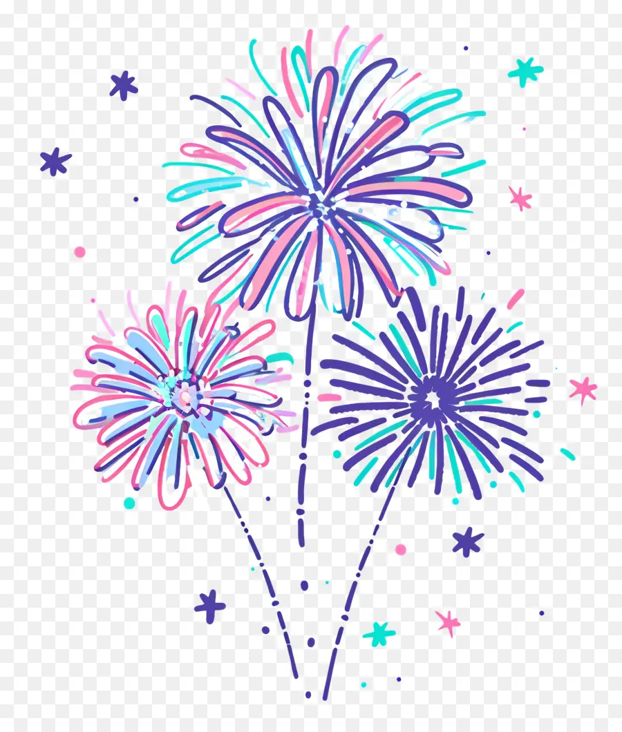 Fuochi d'artificio forme colorate tremolanti blu - Fuochi d'artificio colorati in cerchio, stelle che brillano