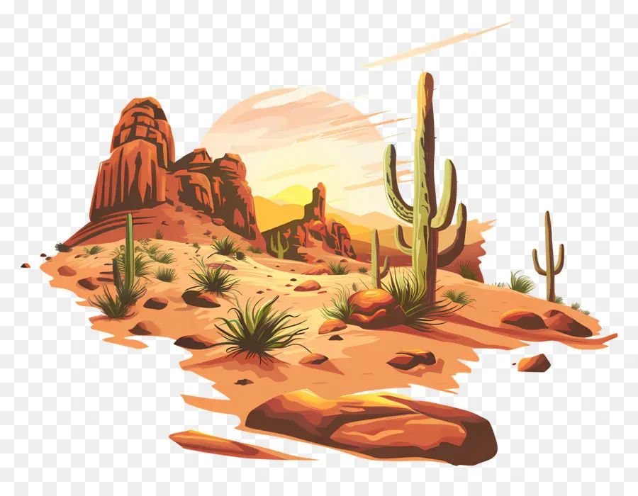 Desert Desert Cacti Sand Dunes Mountains - Desert Sunset con cactus, dune di sabbia, montagne