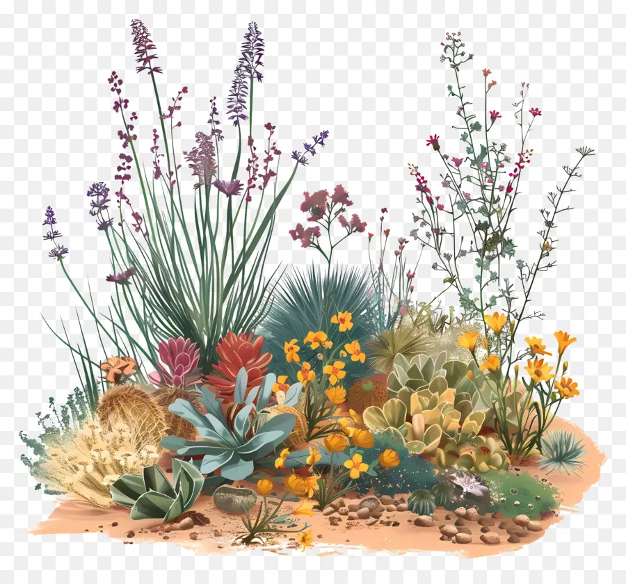 vegetazione deserta paesaggistica di cactus fiori - Paesaggio del deserto con piante tono di terra silenziose