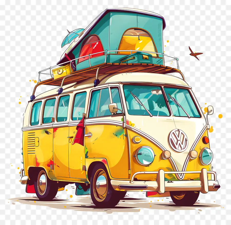 Road Trip Day Volkswagen Bus Camper Van Woodstock Forest - Altes, farbenfroher Volkswagen Bus in der Naturumgebung