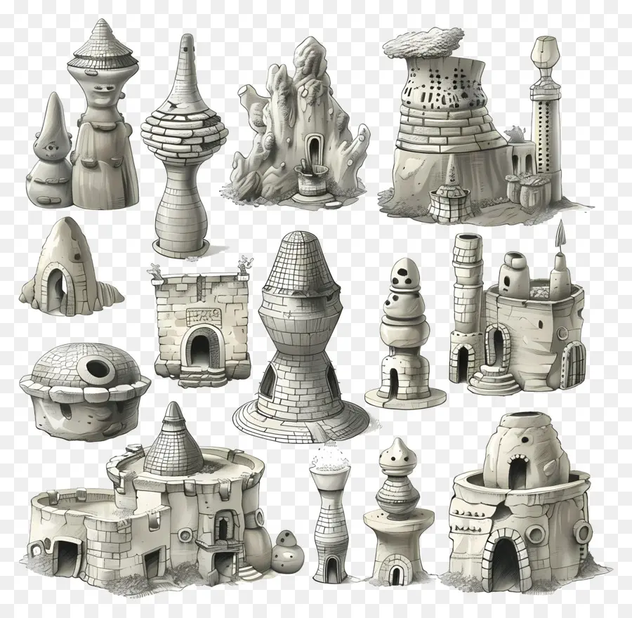 Strutture argillose edifici fantasy torri castelli design intricati - Edifici fantasy con disegni intricati e colori tenui