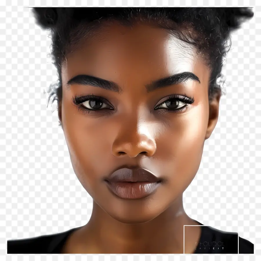 black woman face black woman dark brown eyes straight fringe bob hairstyle