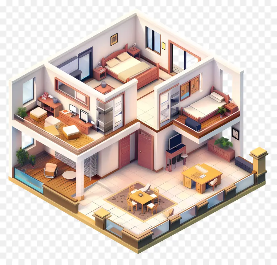 isometric house living room balcony cityscape view couch