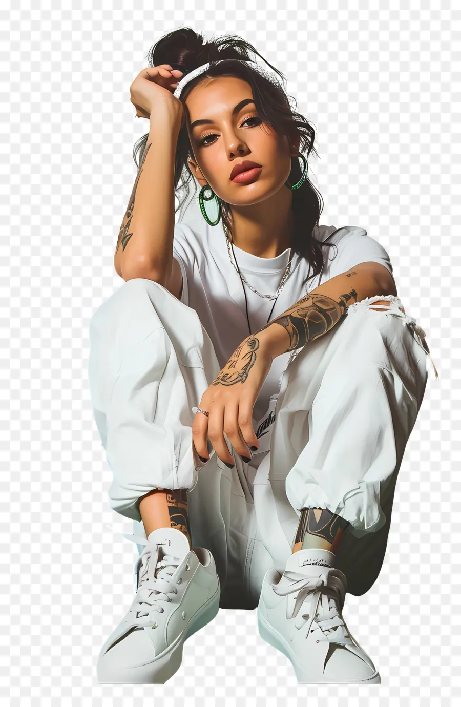 sitting woman woman tattoos white outfit short hair