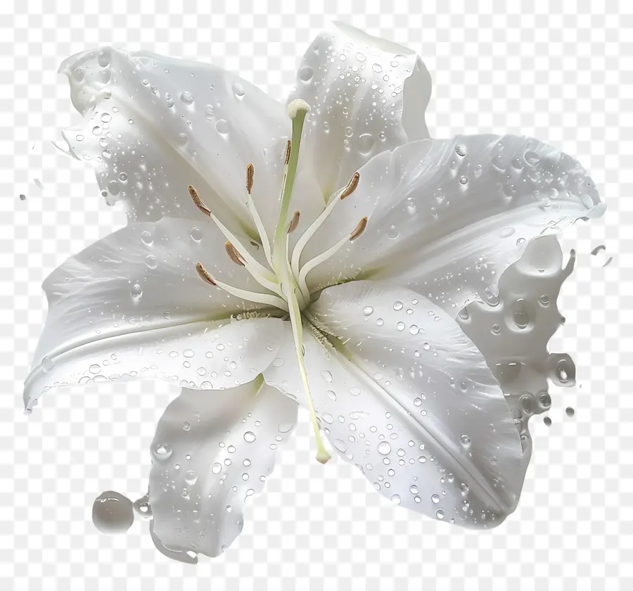 Dew Flower White Lily Acqua gocce di petali - Lily bianco con gocce d'acqua, realistica