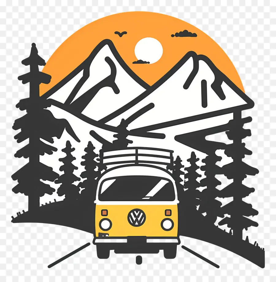 Volkswagen Bus Paesapscape Mountains Mountains Sort Road - Autobus Volkswagen che guida attraverso il paesaggio panoramico