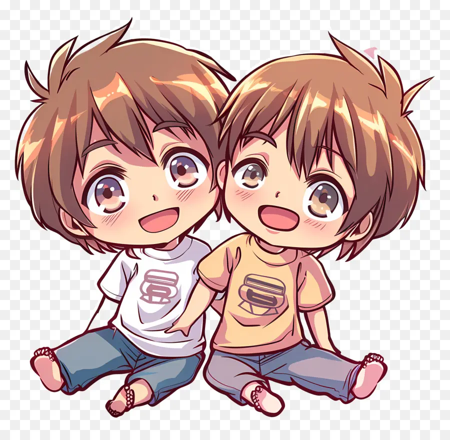 t-shirt di fumetti del fratello del fratello - Due ragazzi seduti e sorridenti a vicenda