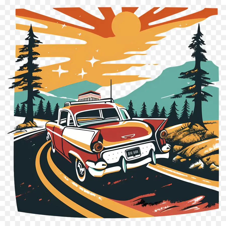 Road Trip Day American Car Classic Car Forest Mountains - Auto classica che guida nel paesaggio di montagna boscoso