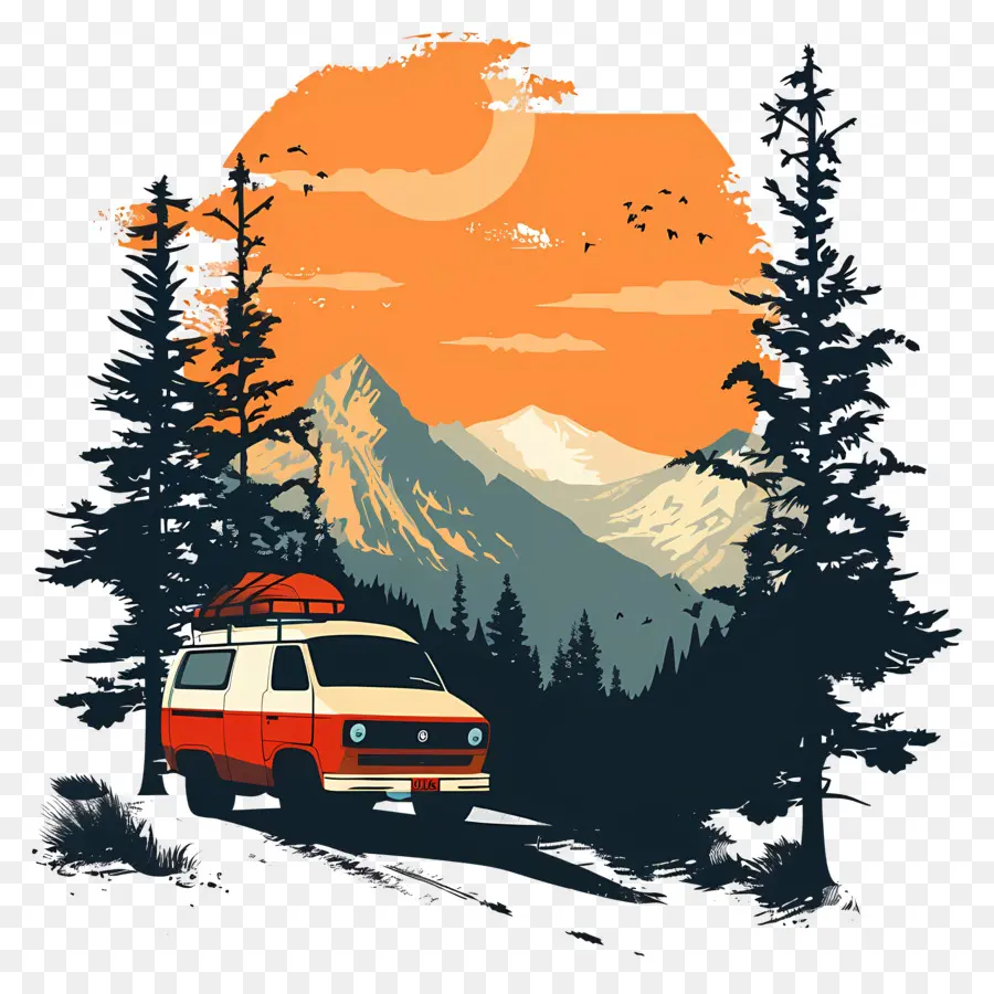 Pinien - Red Van, der durch malerische Berge fährt