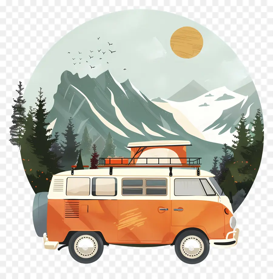 arancione - Bus arancione VW con tavola da surf in montagna