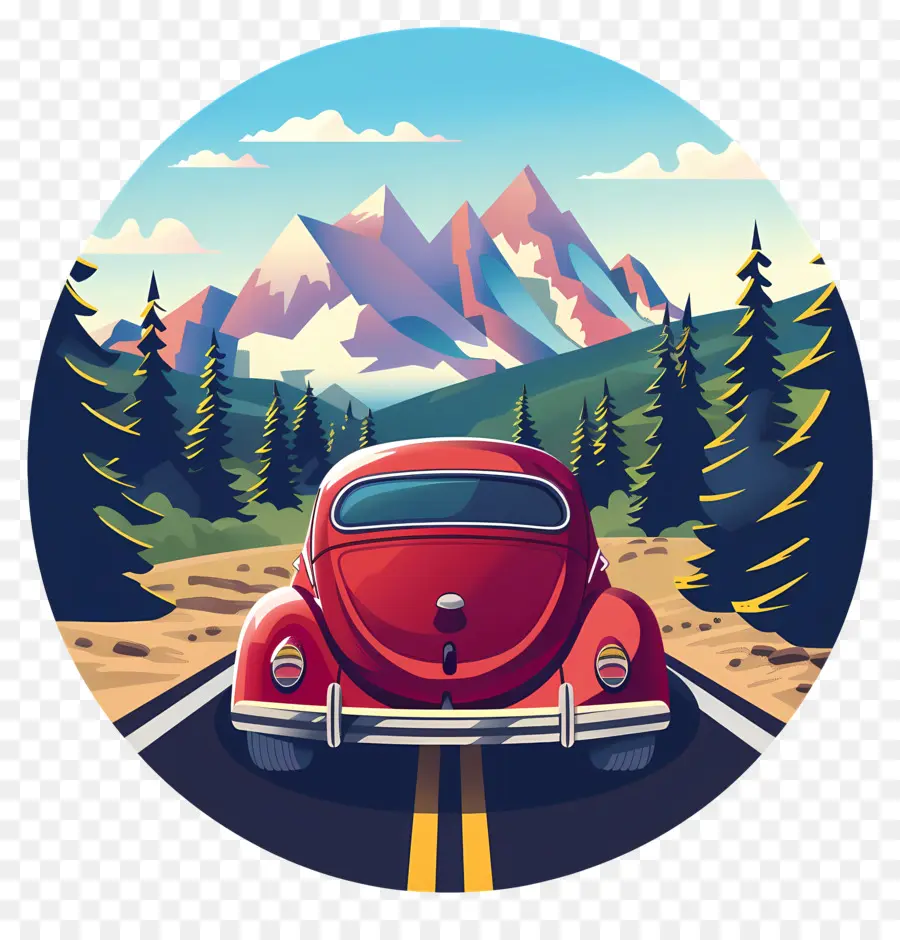alberi di pino - Rosso VW bug che guida lungo Mountain Road