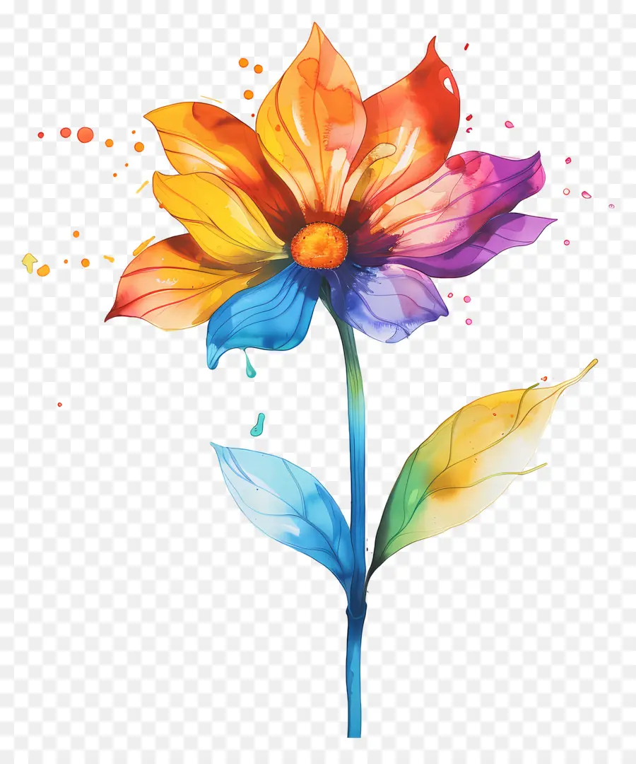 Acquare acqua ad acquerello dipinto di fiori colorati di vernice - Fiore ad acquerello colorato con schizzi di vernice