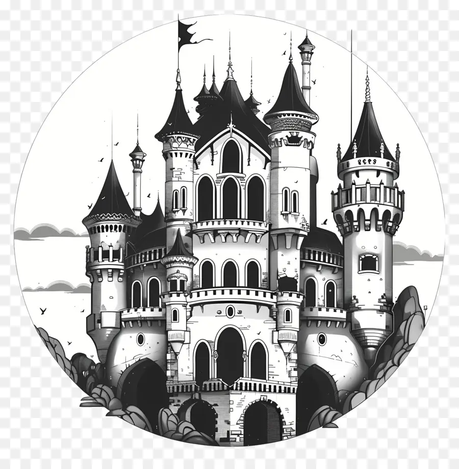 Schlosshaus Schloss Zeichnung schwarz -weißes Feld - Schwarz -Weiß -Zeichnung der Schlosslandschaft