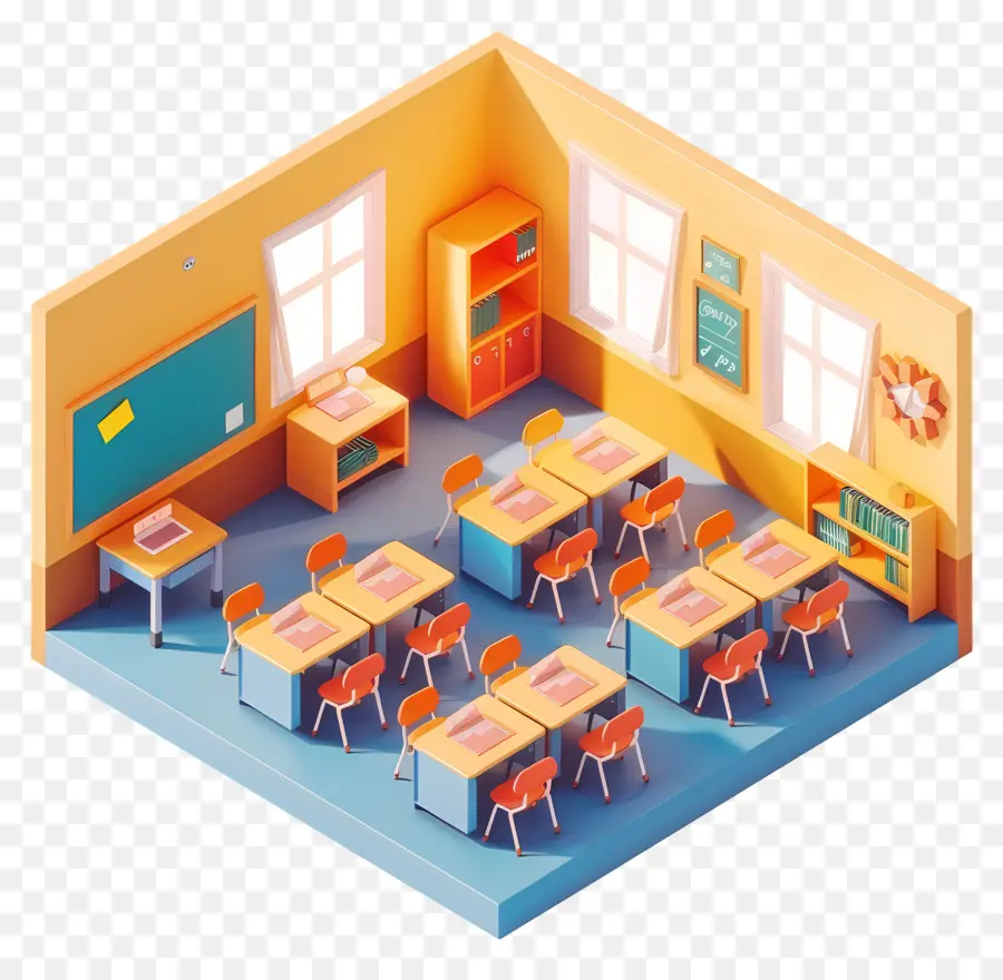 Schulklassen -Klassenzimmer Büro 3D Rendering Holzmöbel Rendern - Helles und luftiges Büro oder Klassenzimmerumfeld