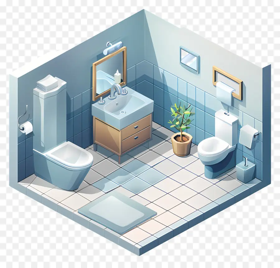 Design isometrico bagno bagno piastrelle blu lavandino bianco - Bagno moderno con piastrelle blu e piante
