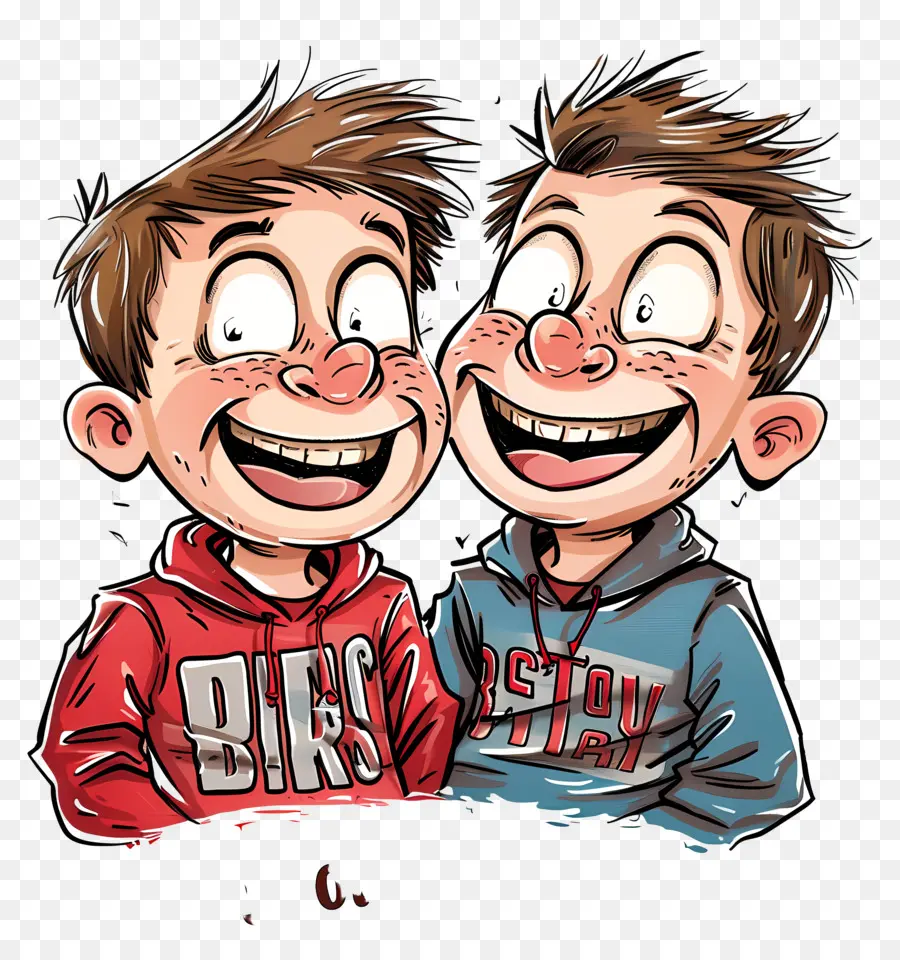 Boys fumetti del fratello del fratello Sorridendo ridendo - Due ragazzi in felpe rosse che ridono insieme