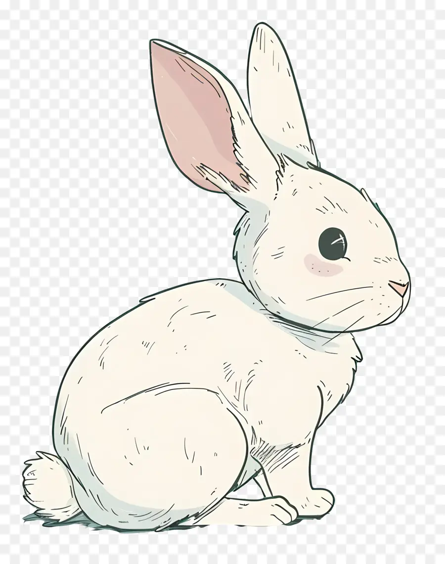 Kaninchen weiße Kaninchen zeichnen große Ohren hin, die sich hinsetzen - Weiße Kaninchenzeichnung mit runden Ohren, geschlossenen Augen