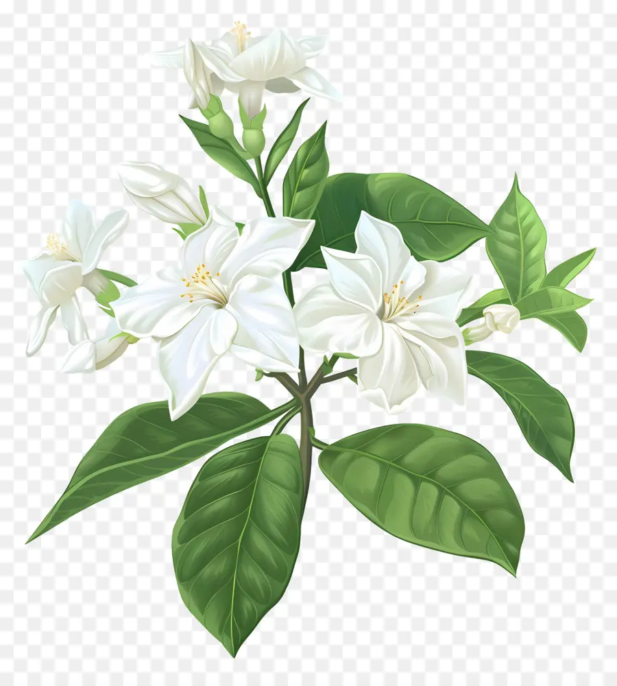 hoa nhài - Hoa Jasmine trắng trên cành xanh, nền đen