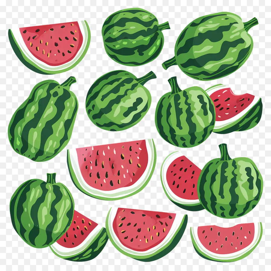 Wassermelone - Symmetrische Anordnung von in Scheiben geschnittenen Wassermelonen auf schwarzem Hintergrund