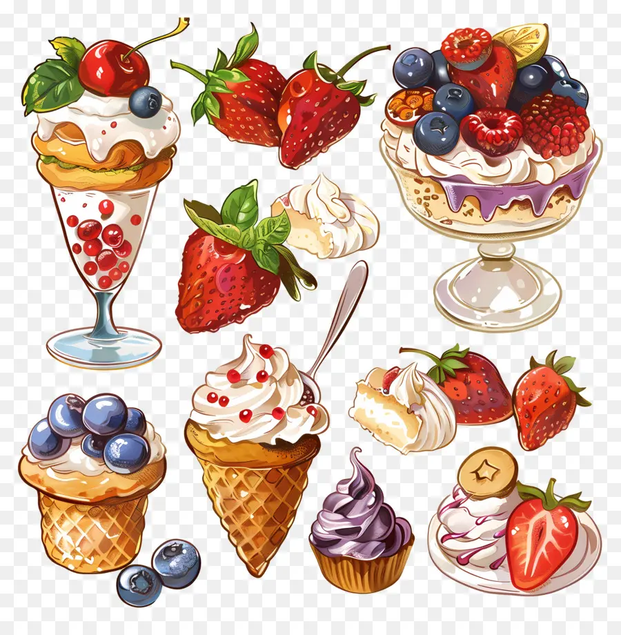 gelato - Dessert assortiti con condimenti di frutta e crema