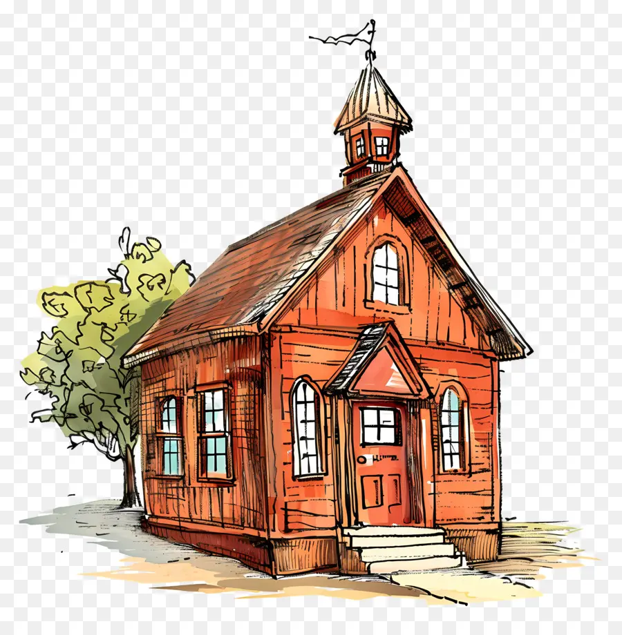 school small church wooden building steeple red roof
