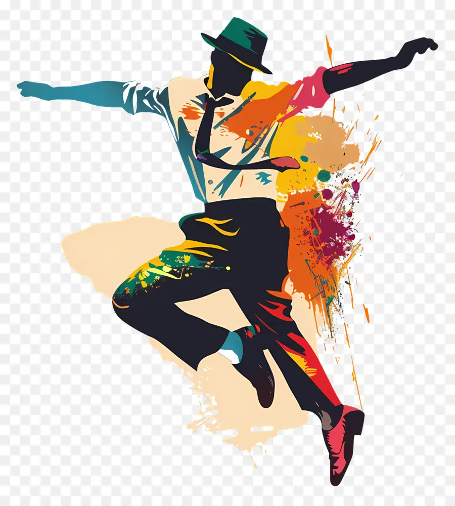 Tap Dance Day Dance Move Man in abito e cravatta colori vivaci vibranti - Uomo in tuta che balla con sfondo vibrante