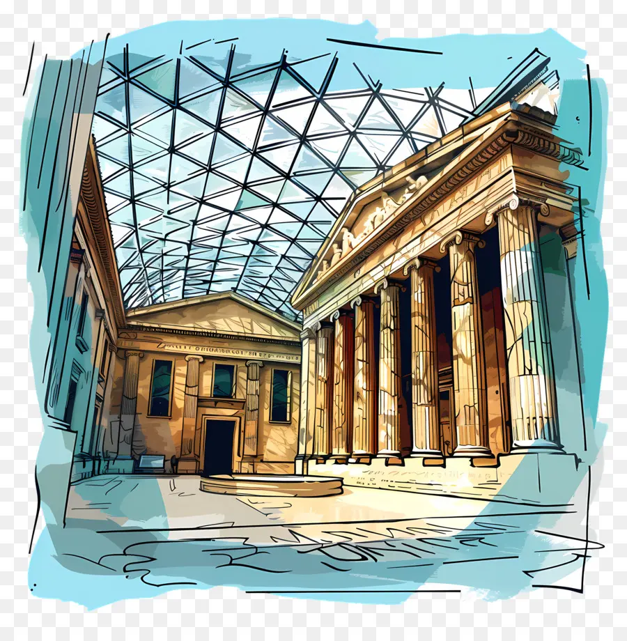 Das British Museum Classical Architecture Ancient Civilizations Säulen Bögen - Leerer, klassischer Innenraum mit hohen Säulen