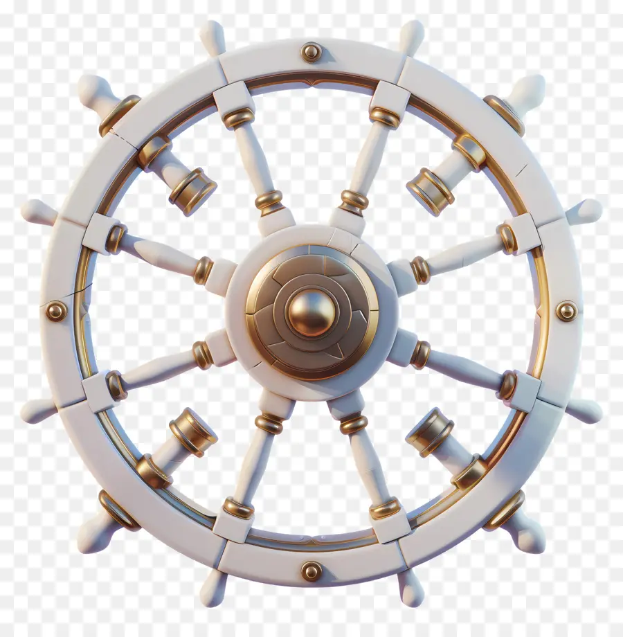 ship rudder steering wheel brass handles three spokes black background
