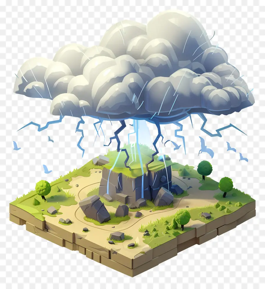 grüner Baum - Cartoon -Insel im Regensturm mit Blitz