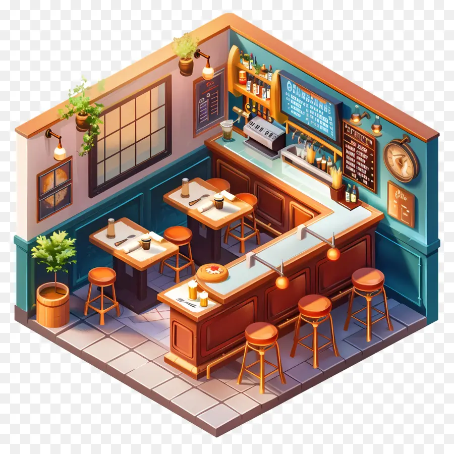 ristorante bar ristorante interior design isometric vista tavoli e sedie - Accogliente ristorante interno con decorazioni in legno