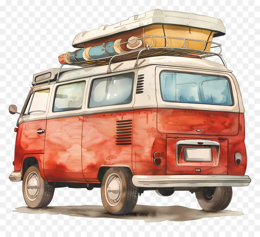 Đường chuyến đi ngày Volkswagen xe buýt lướt sóng màu nước bãi biển - Van lướt sóng màu đỏ được vẽ bằng tay với ván lướt sóng