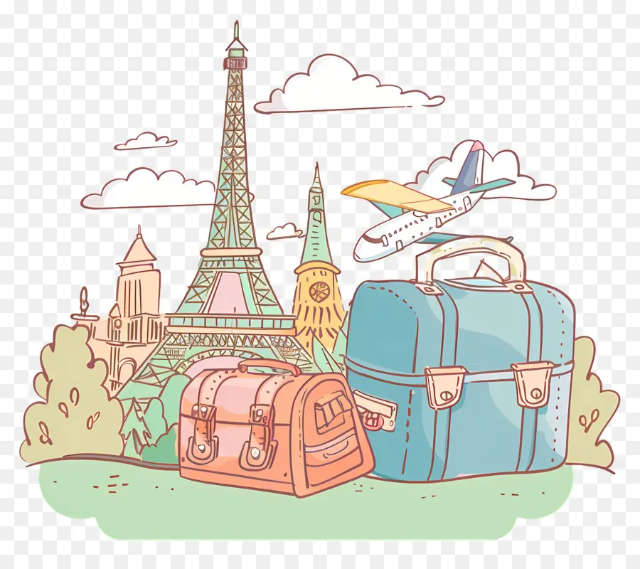 torre eiffel - Torre Eiffel Cartoon con valigie, edifici, cielo