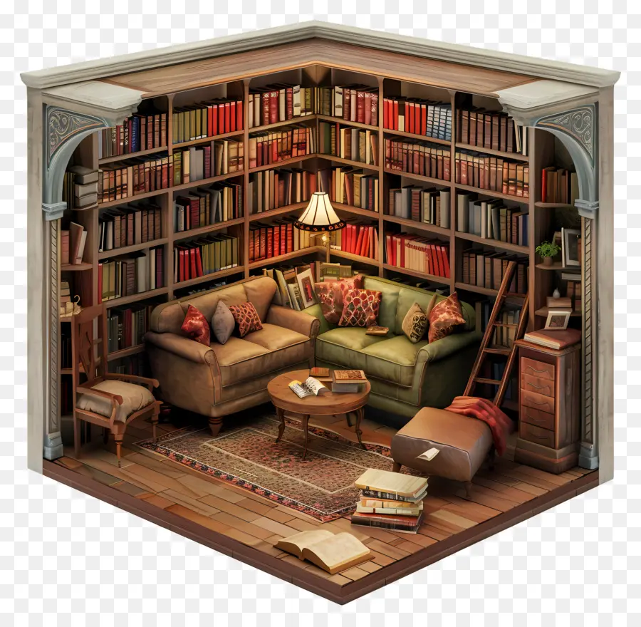 Lesezimmer Bücherregalbücher Room 3d - Gemütlicher Bücherregalraum mit warmer Beleuchtung