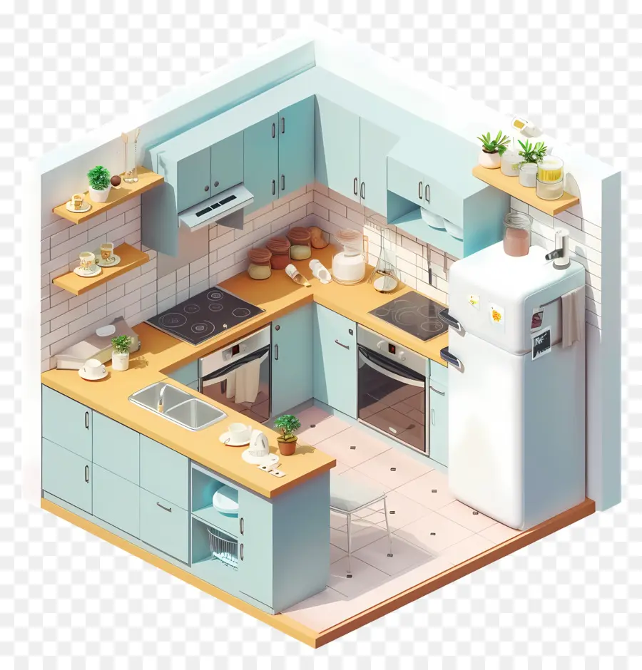 Isometrische Küchenküchendesign kleine Küchenideen weiße Küchengeräte Blaues Küchendekoration - Kleine Küche mit weißen Geräten und Pflanzen
