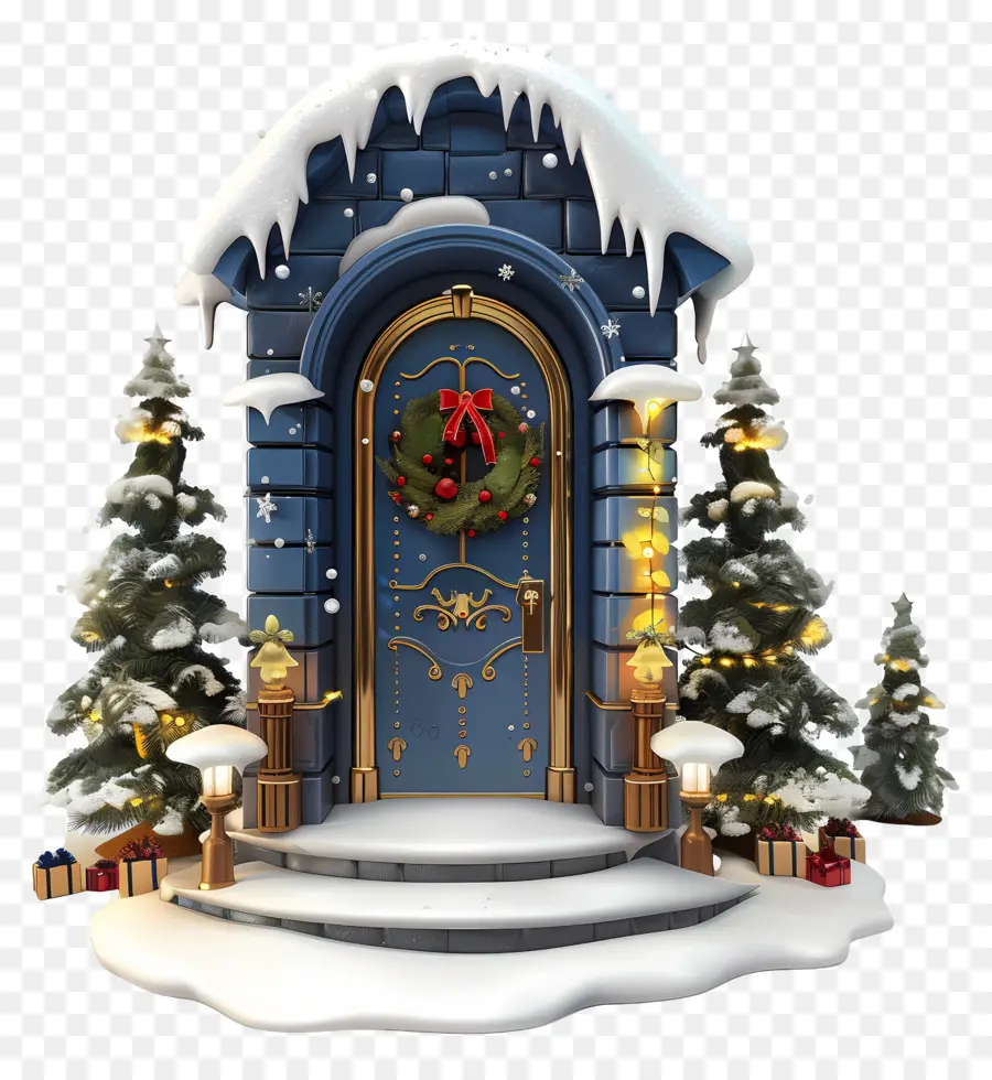 christmas door blue door wreath snow trees