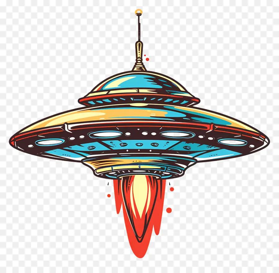 UFO Flying Saucer UFO Retro Design Metallic Oberfläche - Retro fliegende Untertasse mit glühendem rotem Licht