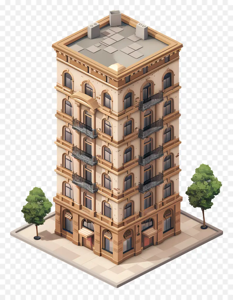 Materiali da costruzione a più piani per la progettazione dell'edilizia edile isometrica - Building a più piani con balconi, persiane e automobili