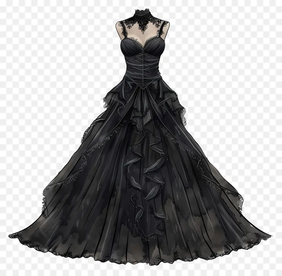 Schwarzes Hochzeitskleid schwarzes Hochzeitskleid lange fließende Rock Rüschen Spitzenüberlagerung - Schwarzes Hochzeitskleid mit Spitze und Rüschen