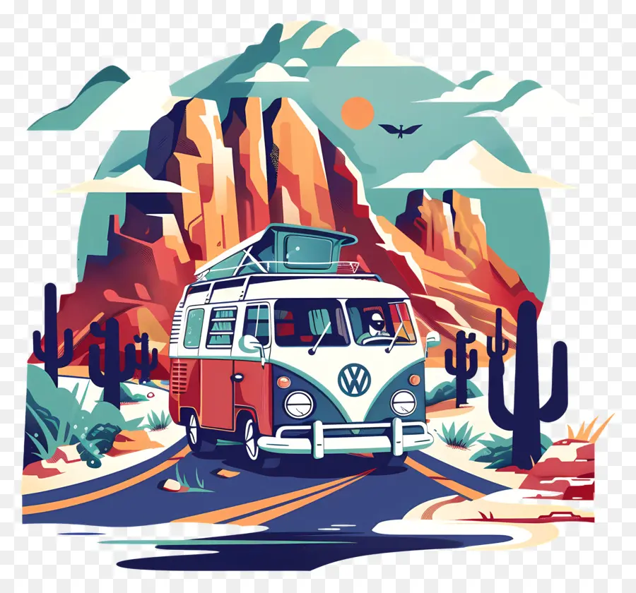 road trip day vintage volkswagen van desert landscape camping trailer cactus plants