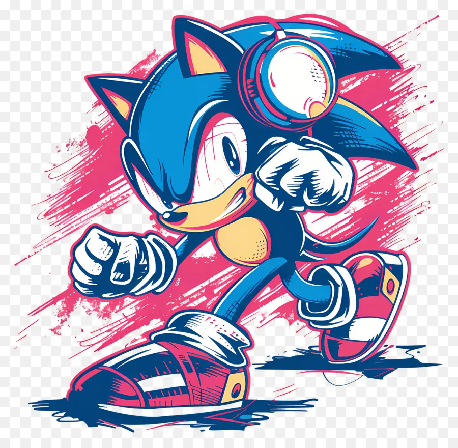 Sonic - Cartooncharakter in der Laufen Pose mit Kopfhörern