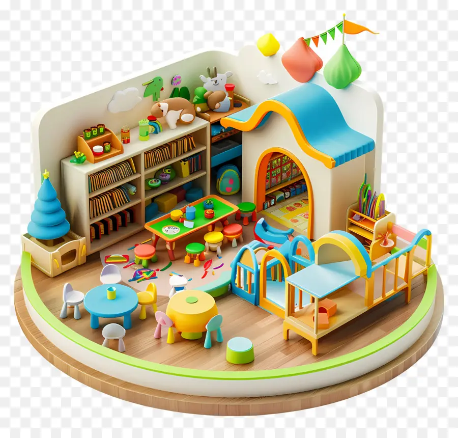 Kindergärtner -Spielzimmer offener Grundriss Möbelspielzeug Tisch und Stühle - Buntes, spielerisches Zimmer mit Spielzeug und Möbeln