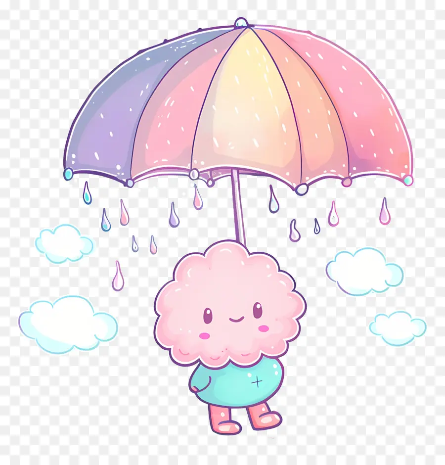 Regen süßer Cartoon Charakter Regenschirm blaues Kleid grünes Haar - Cartoon -Charakter im Regen mit Regenschirm