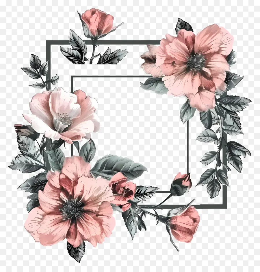 Blumen Foto Rahmen - Quadratischer Rahmen mit rosa Blumen auf schwarzem Hintergrund