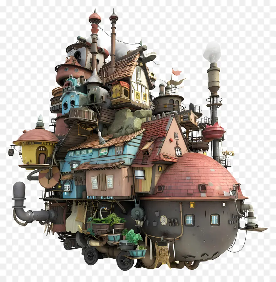 Howls Moving Castle Cartoon Colorful House Floating - Illustrazioni colorate a casa galleggiante in stile cartone animato