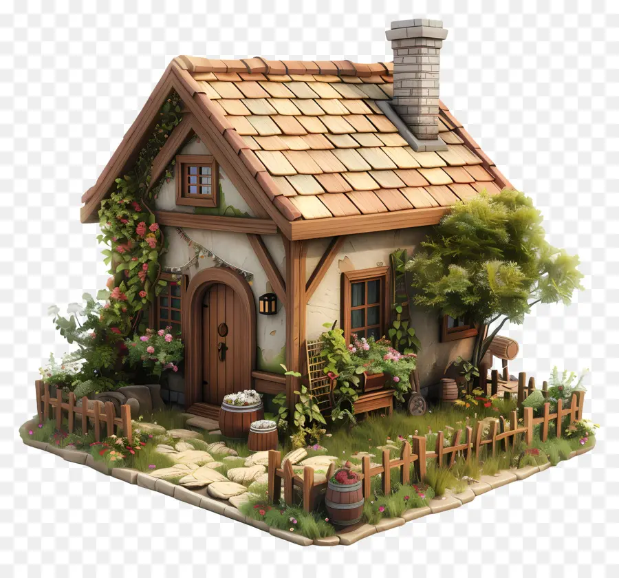 Ngôi nhà vườn đó là mái nhà nhà tranh hàng rào gỗ với cửa chớp băng ghế gỗ - Ngôi nhà ấm cúng với hàng rào gỗ