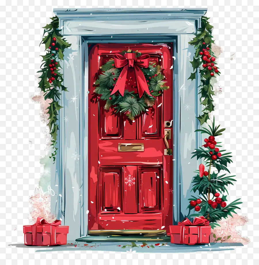 Weihnachtsdekoration - Festiv dekorierte rote Haustür mit Kranz